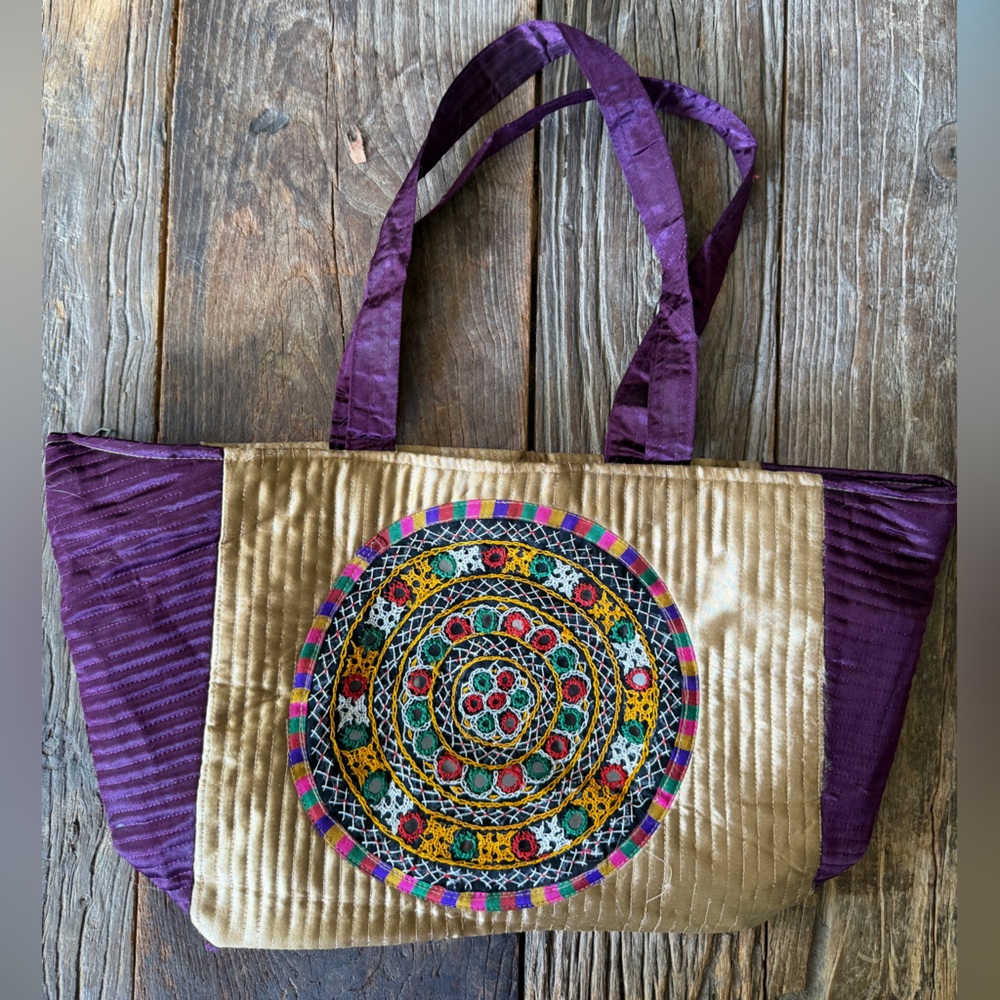 Handcrafted Purple and Gold Embroidered Tote Bag from India